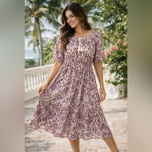 Beach Lunch Lounge Boho Midi Dress Large Floral Peasant Flowy Tassel Spring